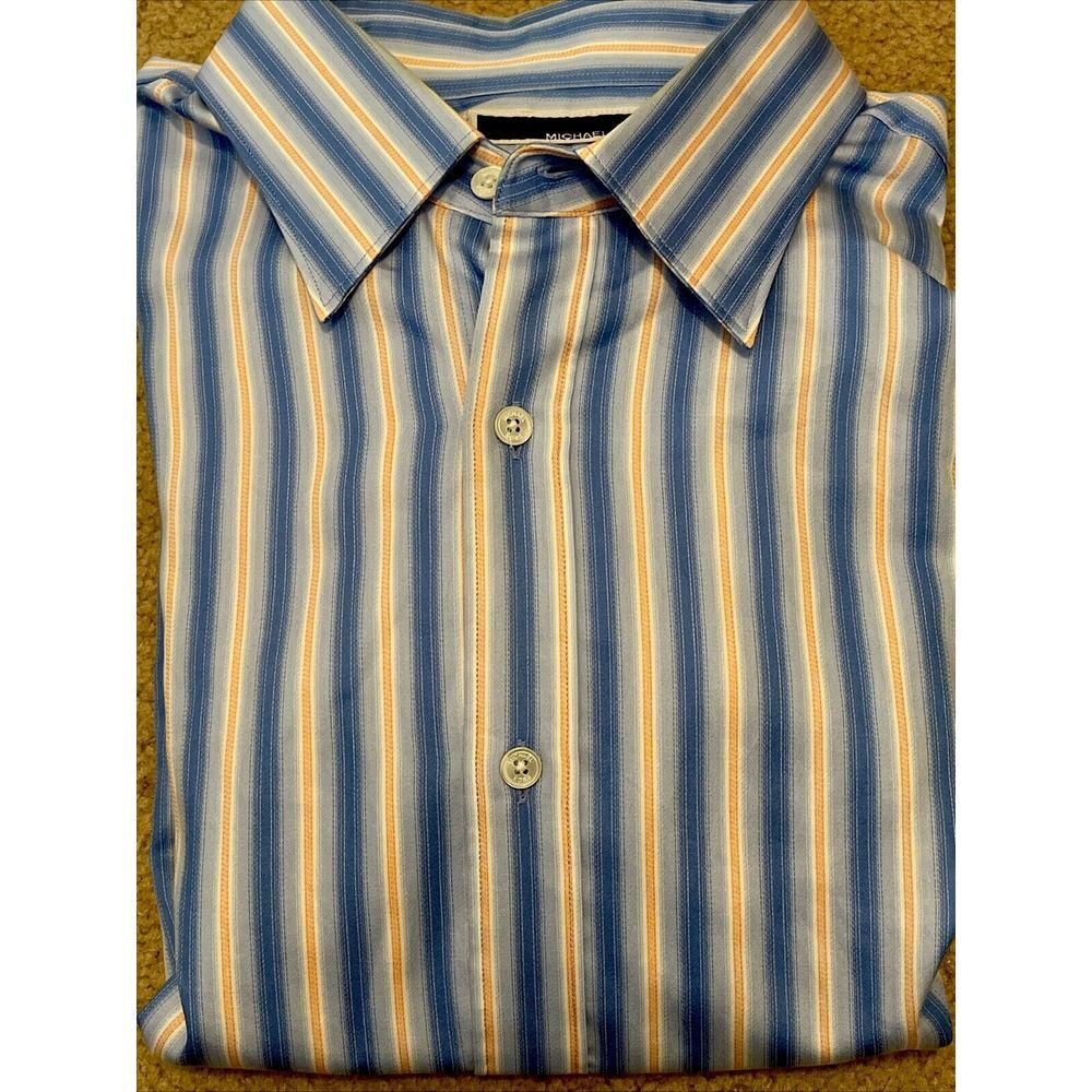 Michael Kors Mens XL Button Up Casual Dress Shirt Blue & Peach Stripe Classic Fi
